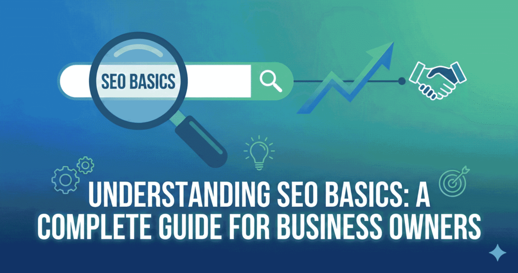 Understanding SEO basics complete guide for business owners with magnifying glass, growth chart, and handshake icons