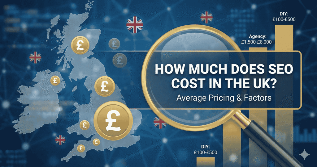SEO cost in UK pricing guide with magnifying glass over UK map showing pound symbols and pricing tiers