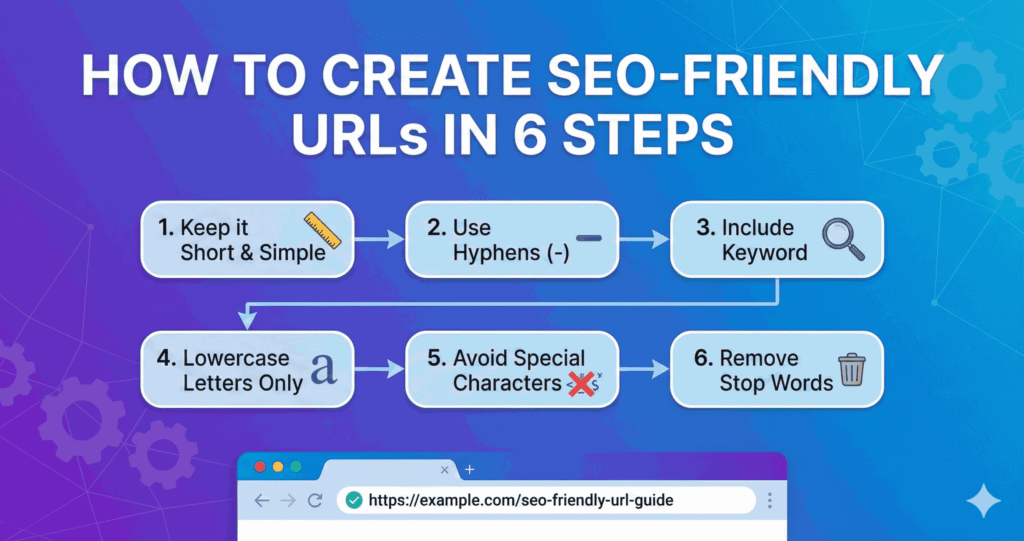 Six-step guide for creating SEO-friendly URLs with flowchart showing best practices from short URLs to removing stop words