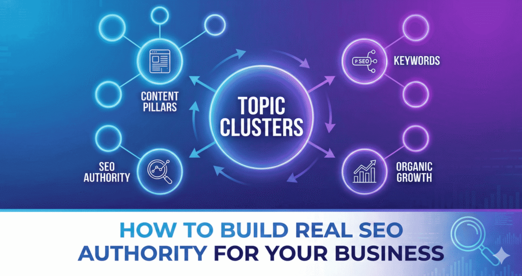 Topic clusters SEO strategy diagram showing content pillars, keywords, SEO authority, and organic growth connections